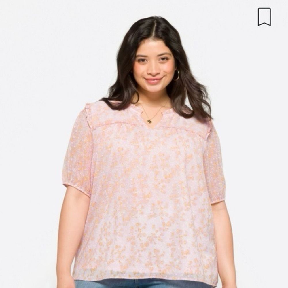 Papermoon Pink Yellow Floral Clip Dot Ruffle Neck Blouse Plus Size 3X